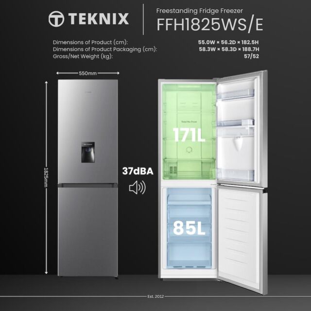Teknix FFH1825WS/E 55cm 50/50 Fridge Freezer Total No Frost with Water Dispenser - Silver
