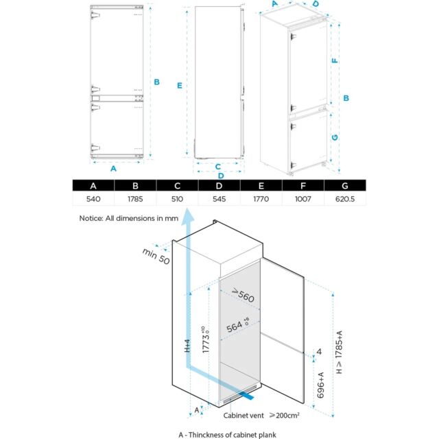 Midea MDRE353FGE01D 178cm 70/30 Integrated Frost Free Fridge Freezer with Sliding Door Fixing Kit