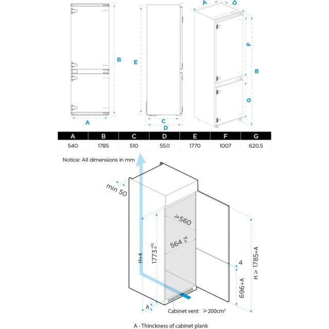 Midea MDRE379FGE01D 70/30 Integrated Fridge Freezer with Sliding Door Fixing Kit