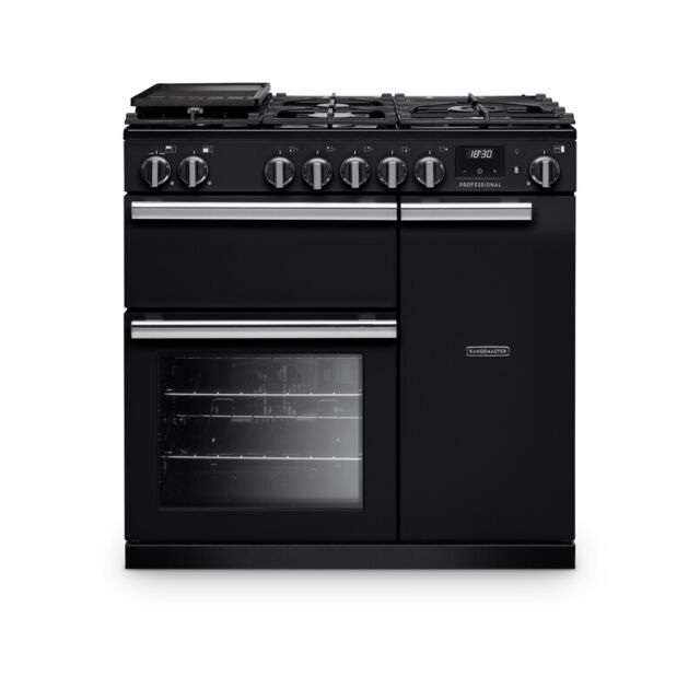 Rangemaster PR90DFPCBL/CM1 90cm Dual Fuel Range Cooker Charcoal Black with Chrome Trim